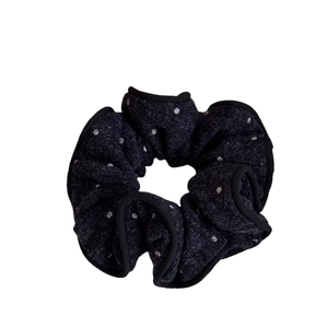 Vintage black knit scrunchie with white polka dots and lettuce edge trim for women