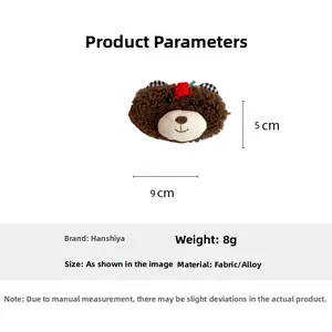 Dimensions détaillées de la pince à cheveux ours en peluche marron, taille 9cm x 5cm