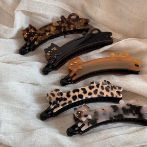 5-piece set of cat-shaped acetate banana clips in various patterns and colors