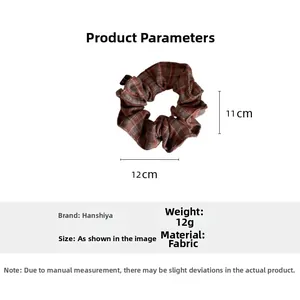 Detailed size parameters for reddish-brown plaid fabric scrunchie, 12cm width