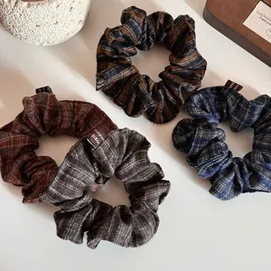 Retro Plaid Fabric Scrunchies Woolen Texture Large Intestine Hair Ring Elegant Ponytail Holder Fashion Hair Ties Women Jewelry