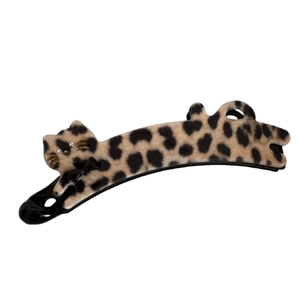 Leopard print cat-shaped acetate banana hair clip with crystal eyes and gold whiskers