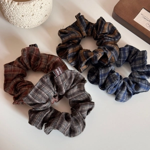 Set of four retro plaid fabric scrunchies in autumn colors with handmade labels