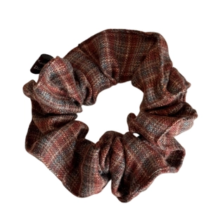 Retro plaid fabric scrunchie in brown and red checkers, oversized hair tie for women