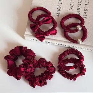 Festive Red Satin Scrunchies For Women Elegant Pleated Bow Artificial Pearl Hair Ties New Year Hair Accessories Elastic Ponytail Holder