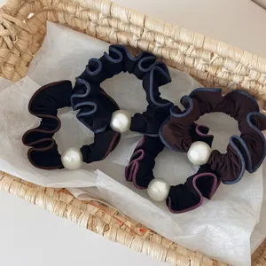 Korean Style Artificial Pearl Pleated Edge Scrunchies Vintage Contrast Piping Hair Ties High Elasticity Ponytail Holders For Women