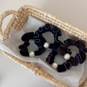 Elegant pearl hair scrunchies set with pleated texture and high elastic band for ponytail