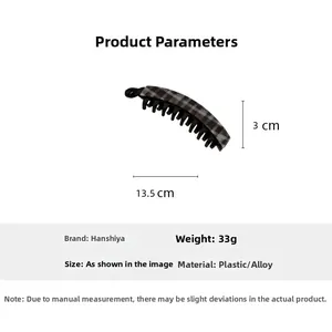 Detailed size specifications for large acetate banana hair clip with grey plaid pattern