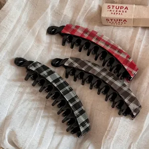 Vintage Plaid Banana Hair Clip For Women Retro Checkered Hairpin Fabric Nonslip Ponytail Holder Styling Accessory