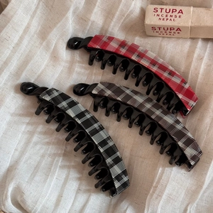Three premium acetate banana clips with plaid fabric patterns for thick hair styling