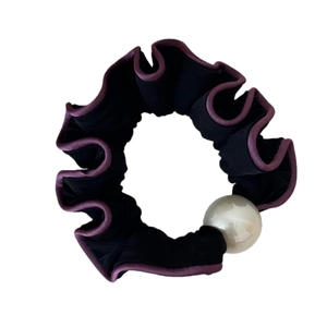 Elegant black hair scrunchie with purple pleated edges and large pearl detail
