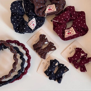Vintage polka dot hair accessory set with scrunchies, bow clips, and braided headbands