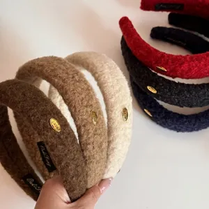 Autumn Winter Thickened Lamb Wool Hairband With Gold Love Metal Tag Retro High Top Hair Hoop For Women Fashion Hair Accessories