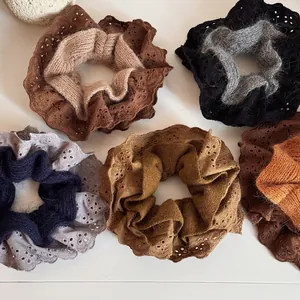 Autumn Winter Knitted Wool Lace Scrunchies Vintage Double Layer Eyelet Embroidery Large Hair Ties For Women Hair Accessories