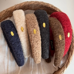 Set of autumn plush headbands with golden Love metal tag in seven various colors
