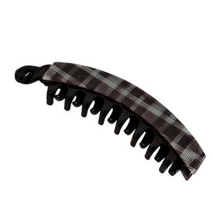 Elegant large acetic acid banana hair clip with classic dark brown plaid pattern design