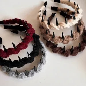 Women Knitted Twist Headband With Punk Black Spikes Anti-Slip Teeth High Top Fluffy Hair Hoop Autumn Winter Fashion Hair Accessories