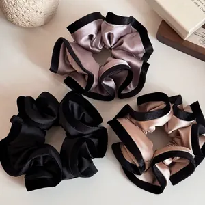 Chouchous en Satin de Style Coréen Avec Bord en Velours Attaches Cheveux Plissées Grands Élastiques Queue De Cheval Femme