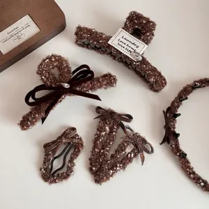 Pince à Cheveux Élégante en Tweed Marron Avec Nœud pour Femmes Vintage Motif Flocon de Neige Accessoires Cheveux Automne Hiver