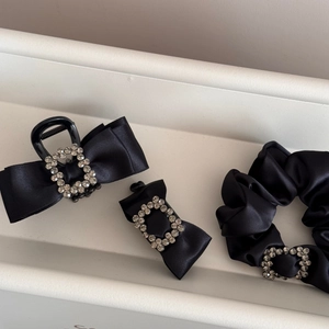 Elegant black satin hair clip set with rhinestone bows for women luxury styling