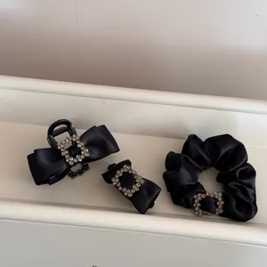 French Vintage Black Satin Bow Hair Clips Rhinestone Square Buckle Hair Claw Clip Scrunchie Elegant Hair Accessories For Women
