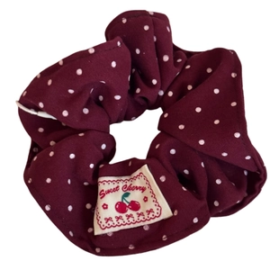 Vintage burgundy polka dot scrunchie with a sweet cherry fabric label hair accessory