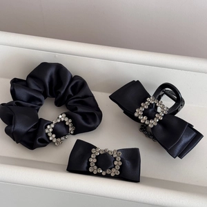 Three-piece black satin hair accessory set with square rhinestone embellishments