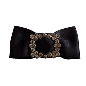 Elegant black satin bow hair claw with sparkling square rhinestone center buckle