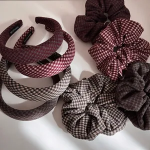 Vintage Plaid Fabric Sponge Headband Hair Scrunchie Retro Korean Style High Top Cloth Headband Elastic Hair Tie For Women