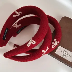 Women Vintage Red Headband Thickened High Top Hair Hoop Embroidered Bow Korean Style Handmade Winter Hair Accessories