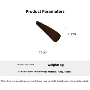 Brown fabric-covered waterdrop hair clip with dimensions of 7.5cm by 2cm and 4g weight