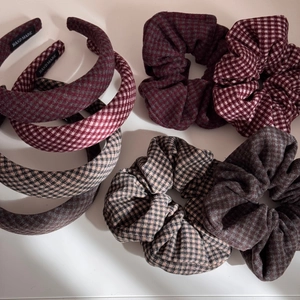 Retro plaid sponge headbands and scrunchies set with houndstooth fabric design