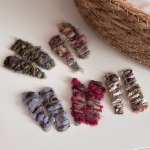 Five pairs of handmade knitted wool hair clips in various vintage gradient autumn colors