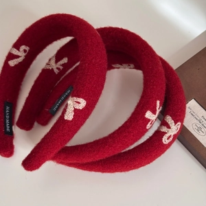 Red padded headband with white bow embroidery and vintage French style for women