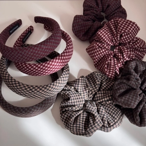 Retro houndstooth sponge headband and scrunchie set in vintage plaid patterns