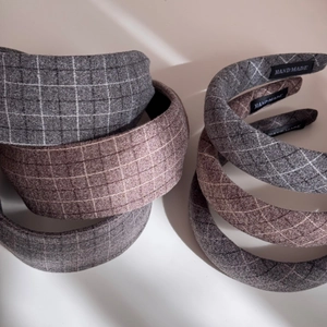 Elegant wide fabric headband set in grey and brown wool with handmade label detail