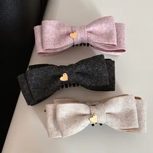 Fermaglio per Capelli a Fiocco in Tessuto di Lana Stile Coreano Con Ciondolo a Cuore Oro Grande Clip a Banana per Donna