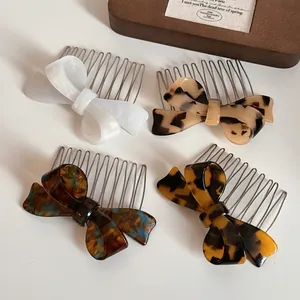 Elegant Acetate Bow Hair Comb For Women Korean Style Tortoiseshell Pattern Metal Tooth Side Comb Vintage Hair Accessories