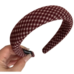 Retro burgundy and cream plaid sponge headband with a high top and handmade label