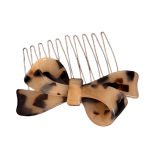Elegant tortoise shell acetate bow hair comb with golden metal teeth for women