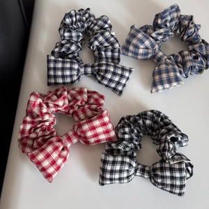 Set of four Korean plaid bow scrunchies with various gingham patterns for women's hair styling