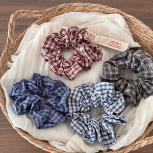 Set of four vintage plaid oversized scrunchies in various colors for high elasticity ponytails