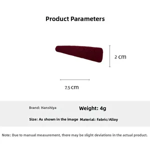 Detailed view of a 7.5cm burgundy felt fabric hair clip with dimensions and alloy base