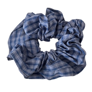 Blue and grey plaid oversized scrunchie hair tie with high elastic fabric texture