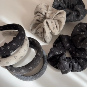 Floral print oversized scrunchies and thick headbands set with winter snowflake patterns
