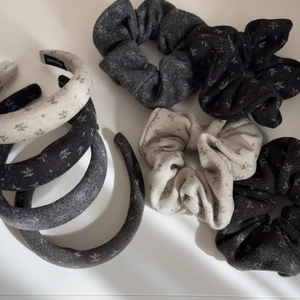 Floral print hair accessory set with grey wool flannel headbands and matching scrunchies