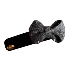 Gray knitted bow hair clip with white polka dots and golden handmade metal tag
