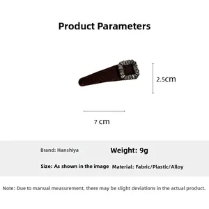 Detailed size specifications for the brown fabric hair clip with a square rhinestone accent