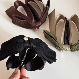 Women Elegant Double Layer Knitted Satin Bow Banana Hair Clip Large Sophisticated Anti-slip Ponytail Vertical Clip Headwear