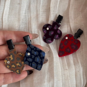 Set of four leopard print playing card suit hair clips with rhinestones for women